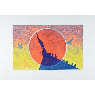In the Morning,'Signed Woodcut Print of Birds at a Temple at Dawn'