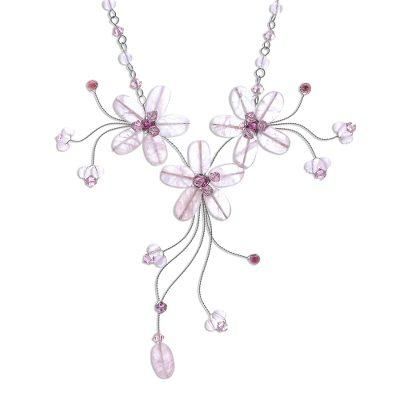 'Floral Cascade' - Handcrafted Floral Beaded Rose Quartz Necklace