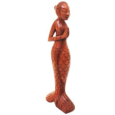 Namaste Mermaid,'Balinese Yoga Mermaid Hand Carved Signed Wood Sculpture'