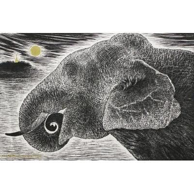Delighted Mind,'Signed Elephant and Moon Painting from Thailand'