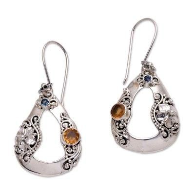 Evening Jepun,'Floral Citrine and Blue Topaz Dangle Earrings from Bali'