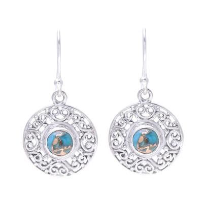 Elegant Sea,'Composite Turquoise Sterling Silver Round Dangle Earrings'