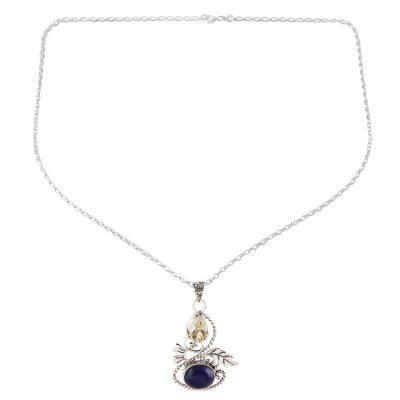 Delightful Garden,'Leafy Citrine and Lapis Lazuli Pendant Necklace from India'