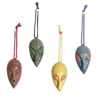 Asomdwe Nsem,'Set of 4 African Mask Ornaments Handcrafted from Ofram Wood'