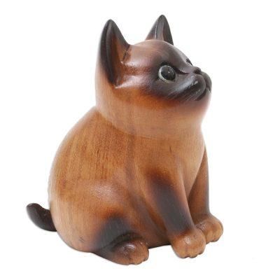 Hungry Cat,'Wood Cat Figurine in Brown and Black Hand-Painted in Bali'