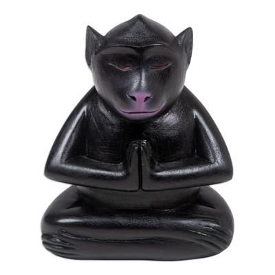 Joyous Apprentice at Night,'Handcrafted Black Suar Wood Monkey Statuette from Bali'