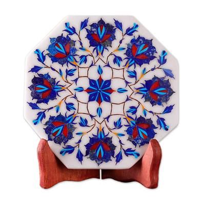 Floral Imagination,'Marble Inlay Decorative Plate with Blue Floral Motifs'