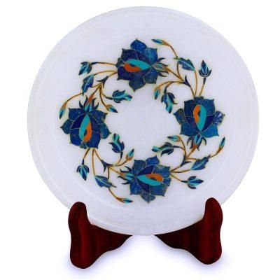 Blue Garland,'Blue Floral Motif Marble Inlay Decorative Plate from India'