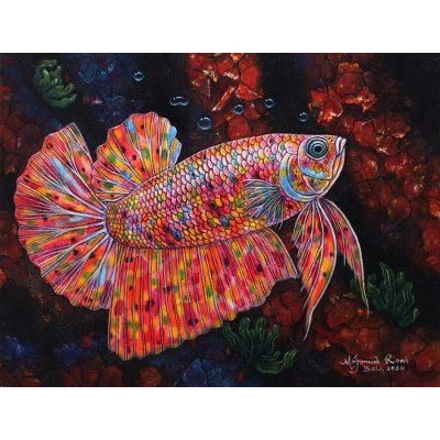 Rainbow Betta,'Signed Balinese Painting of a Siamese Fighting Fish'