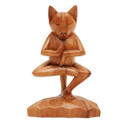 'Vrkasana Yoga Kitty' - Handcrafted Indonesian Wood Cat Sculpture