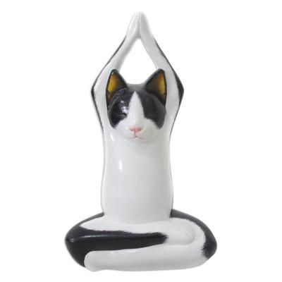 Toward the Sky Yoga Tuxedo Cat,'Wood sculpture'