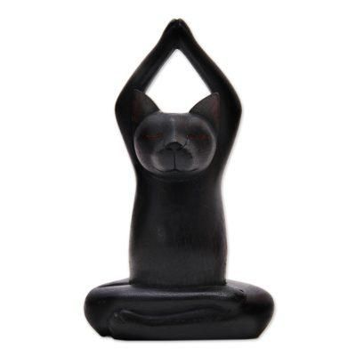 Toward the Sky Black Yoga Cat,'Black Suar Wood Asana Pose Yoga Cat Sculpture from Bali'
