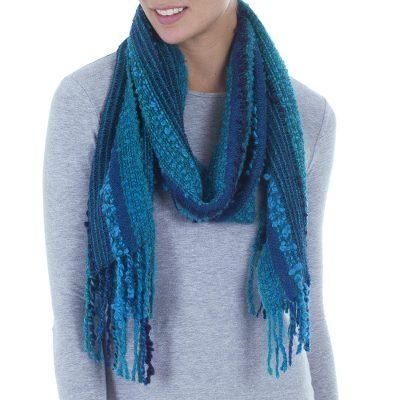 Bohemian Caribbean Blue,'Baby Alpaca Blend Hand Woven Striped Blue Scarf from Peru'