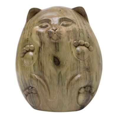 Feline Baby,'Whimsical Cat-Themed Hibiscus Wood Sculpture from Bali'