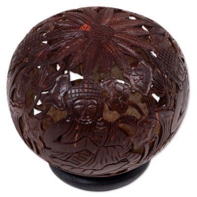 Buddha's Lore,'Coconut Shell Sculpture on Stand with Buddha Carving'