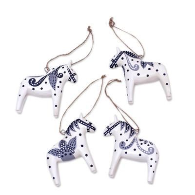 Dala Courage,'4 Wood White Dala Horse Ornaments Carved & Painted by Hand'