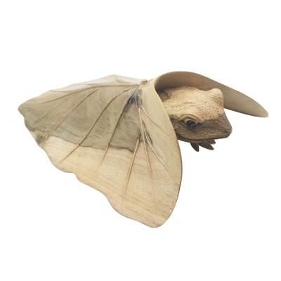 Shy Frog,'Hibiscus Wood Sculpture of Frog Under Leaf'