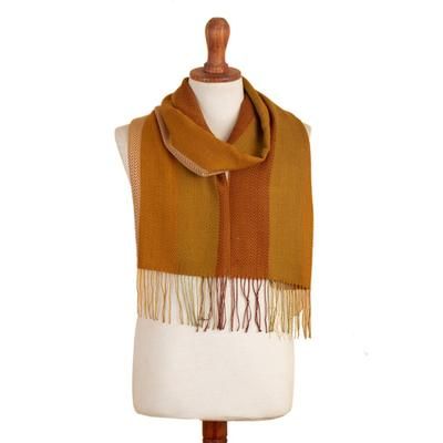 Caramel Trails,'Handcrafted Caramel and Green Baby Alpaca Blend Cotton Scarf'