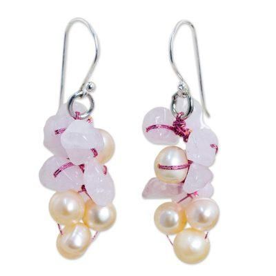 'Pink Bouquet' - Rose Quartz and Pearl Earrings