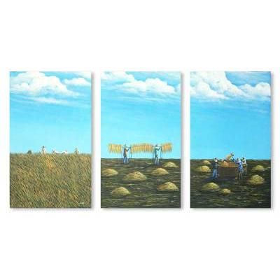 'Harvest of Rice' (triptych) - Landscape Naif Painting