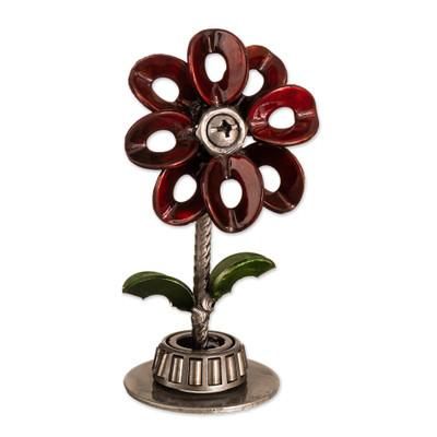 Mechanical Flower,'Recycled Metal Flower Sculpture with Red Petals'