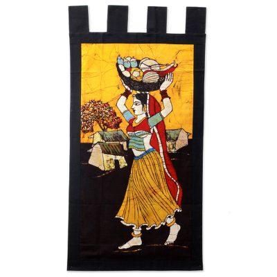 Fresh Vegetable Vendor,'Handmade Traditional Batik Cotton Wall Hanging from India'