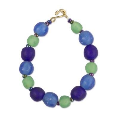 Blue Novelty,'Blue Recycled Glass and Plastic Beaded Bracelet from Ghana'