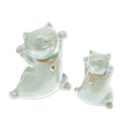 Cats of Fortune,'Celadon Ceramic Cat Figurines from Thailand (Pair)'