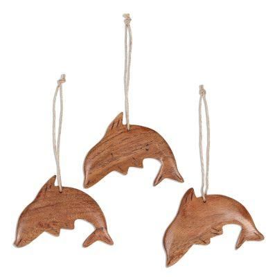 Happy Dolphins,'Dolphin-Themed Wood Ornaments from India (Set of 3)'