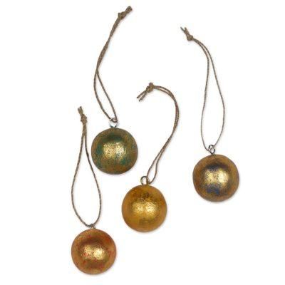 Golden Baubles,'Four Round Gold Tone Albesia Wood Ornaments from Bali'