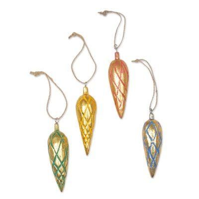 Golden Cones,'Four Handcrafted Gold Tone Albesia Wood Ornaments from Bali'