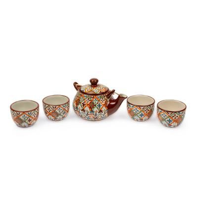 Ceramic tea set, 'Aztec Autumn' (set for 4)