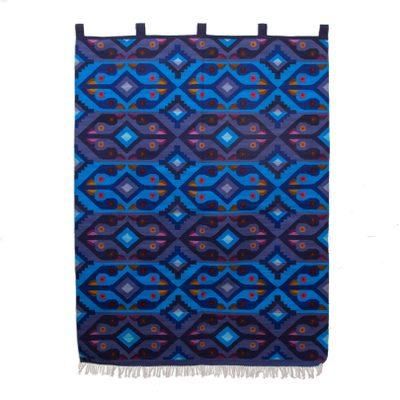 Wool tapestry, 'Blue Roosters'