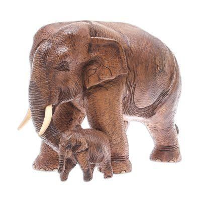 Teak sculptures, 'Father and Son' - Thai Teakwood Elephant Sculpture