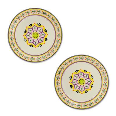 Mexican Lavender,'Purple and Yellow Majolica Ceramic Dinner Plates (Pair)'