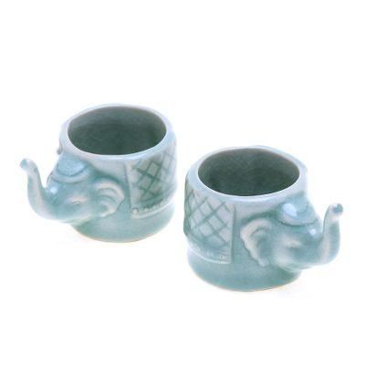 Elephant Essence in Aqua,'Aqua Celadon Ceramic Elephant Themed Teacups (Pair)'