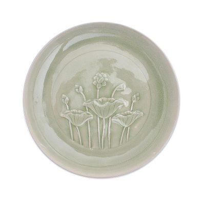 Flavorful,'Green Celadon Ceramic Lotus Flower Dinner Plate'