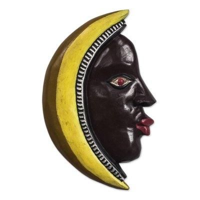 Man in the Crescent Moon,'Hand Carved Wood Wall Sculptu of Man in Yellow Crescent Moon'