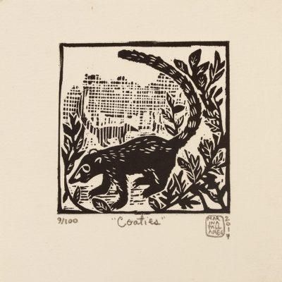 Coatimundi,'Mexico 4-Inch Signed Linoleum Block Print of a Coatimundi'