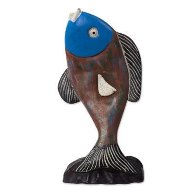 'Hand-Carved Rustic Sese Wood Fish Sculpture from Ghana'