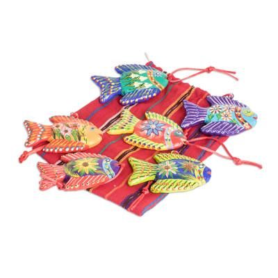 'Set of 6 Fish-Themed Hand-Painted Colorful Ceramic Ornaments'
