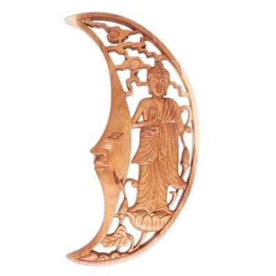 Buddha Moon,'Buddha in Crescent Moon Hand Carved Wood Relief Panel'