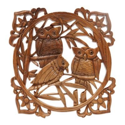 Owl Family Portrait,'Owl Hand Carved Wood Wall Panel from Indonesia'