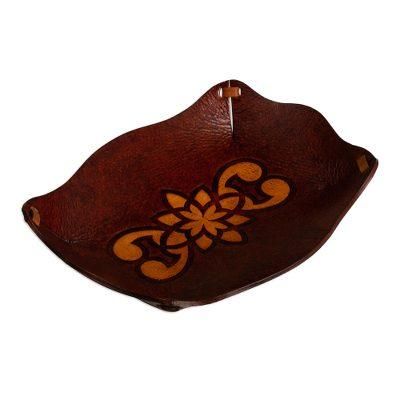 Redwood Gothic,'Tooled Leather Rectangular Brown Catchall Plate from Peru'