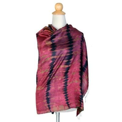 'Crimson Reflecting Pools' - Unique Silk Shawl from Thailand