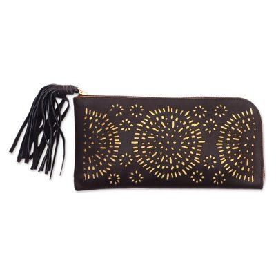 Borobudur Stars in Coffee,'Circle Pattern Leather Clutch in Espresso from Bali'