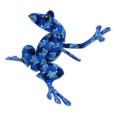 Artisan Crafted Blue Wood Frog Figurine Sculpture 'Blue Dancing Frog'