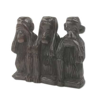 Ebony sculpture, 'Monkey Wisdom' (4.5 inches)