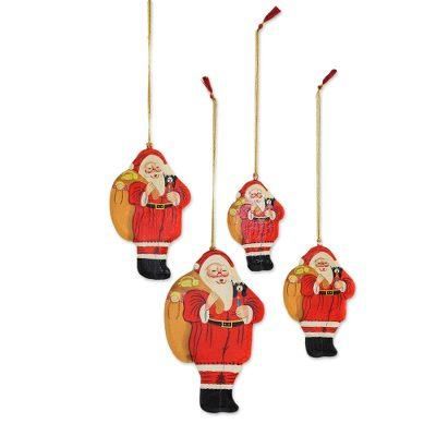 Bringing Gifts,'Papier Mache Santa Ornaments (Set of 4) from India'