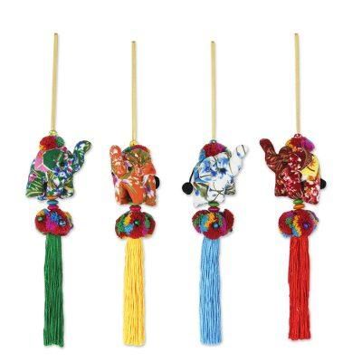 Happy Lanna Elephants,'Set of 4 Multicolor Thai Elephant Ornaments Crafted by Hand'